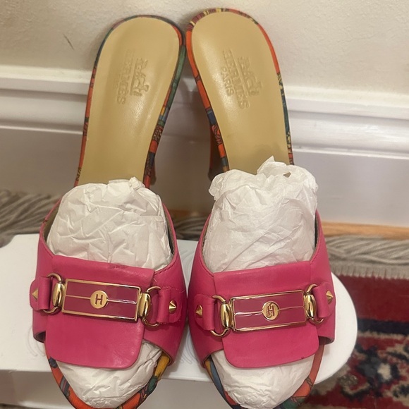 Hermes Shoes - Hermes Hot Pink Leather Slip-On Heeled Mules with Gold Hardware size 38